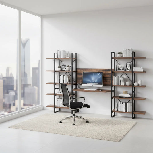 Computer Desk with 10 Storage Shelves, Antique Walnut Home Office Desk