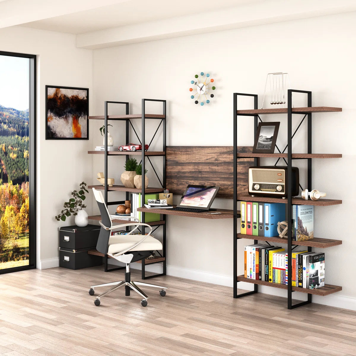 Computer Desk with 10 Storage Shelves, Antique Walnut Home Office Desk