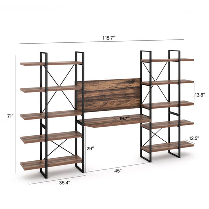 Computer Desk with 10 Storage Shelves, Antique Walnut Home Office Desk