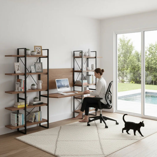 Home Office Computer Desk with Shelves, 10-Tier JD Walnut Storage Desk