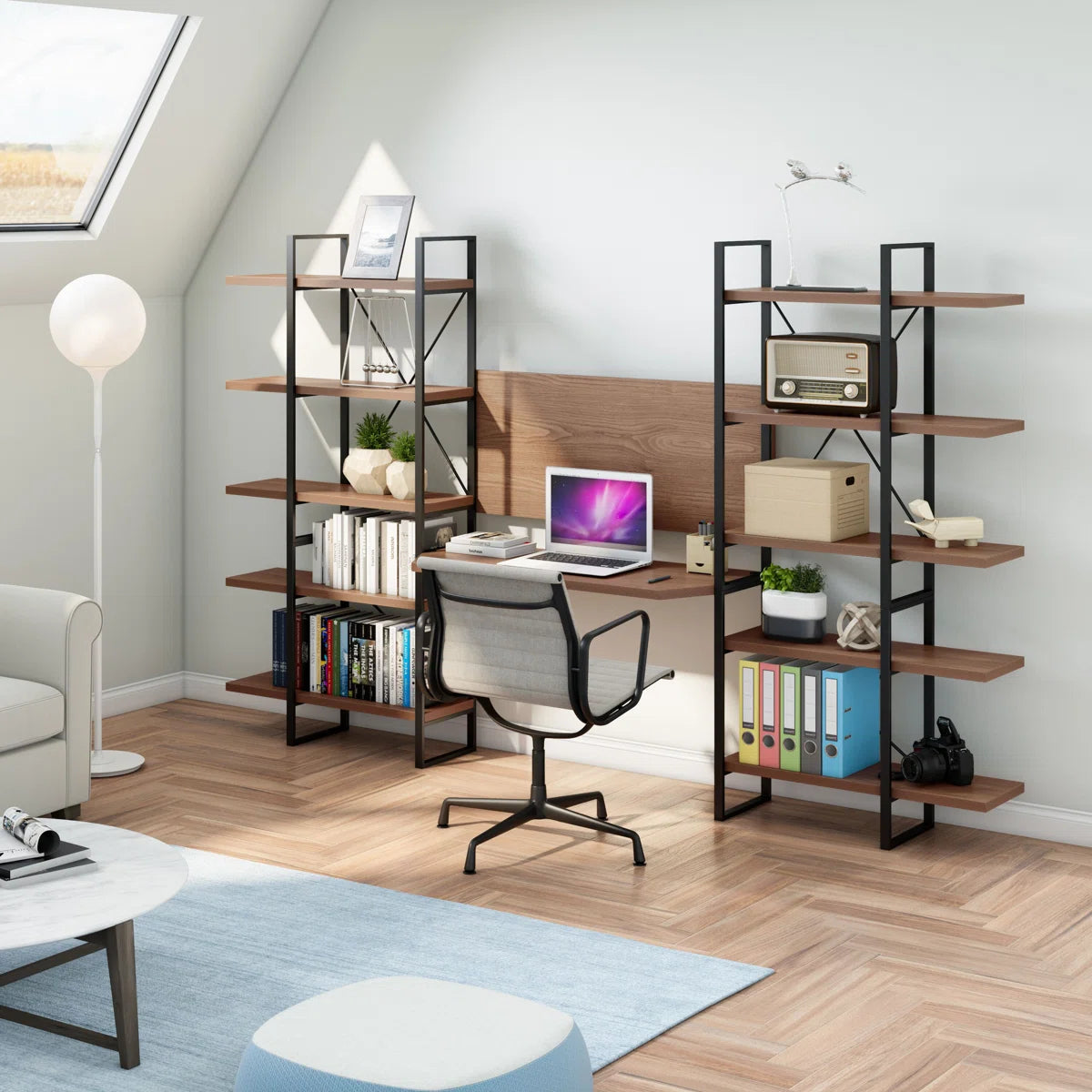 Home Office Computer Desk with Shelves, 10-Tier JD Walnut Storage Desk