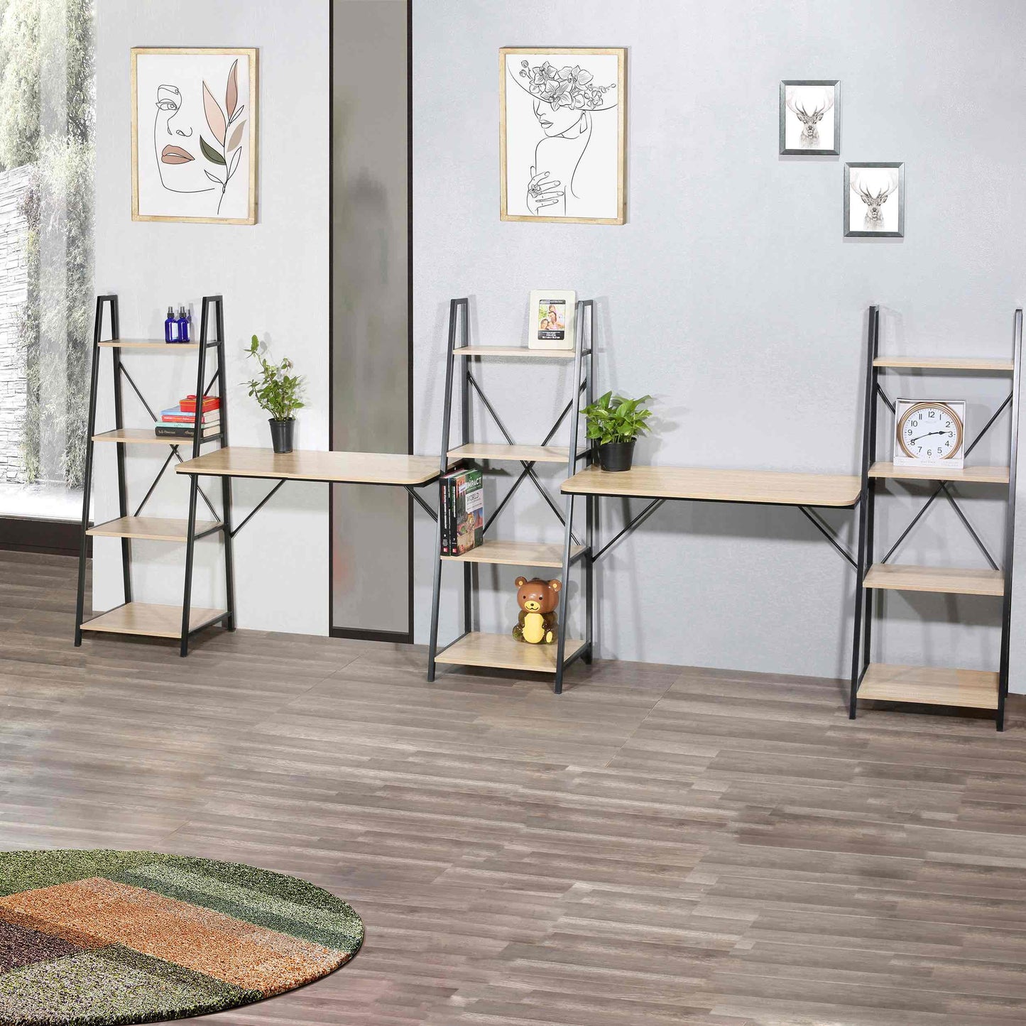 Oak Writing Desk with 2 Desktop and 3 Bookshelves