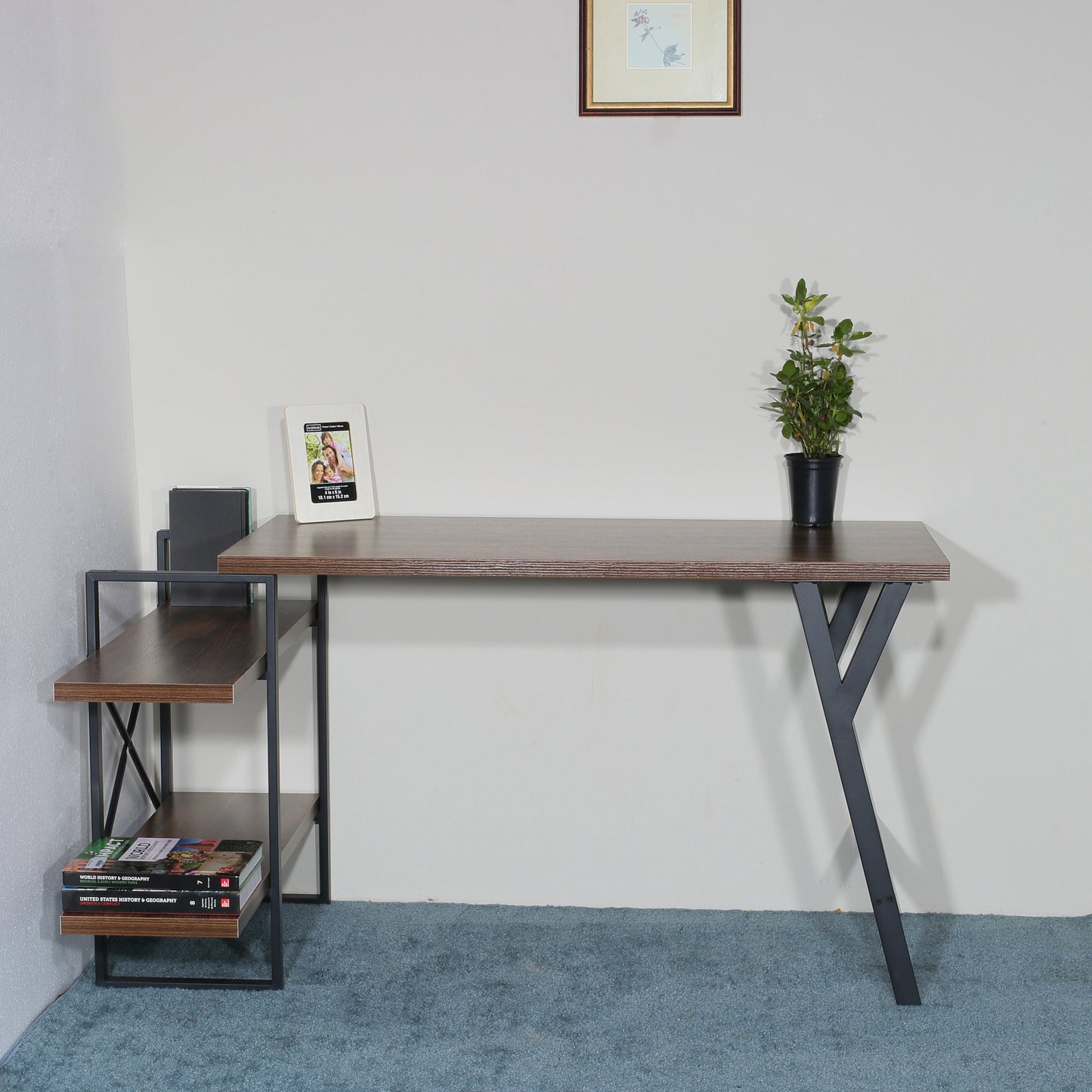 L - Shaped Home Office Desk with 2 Antigue Wood Shelves