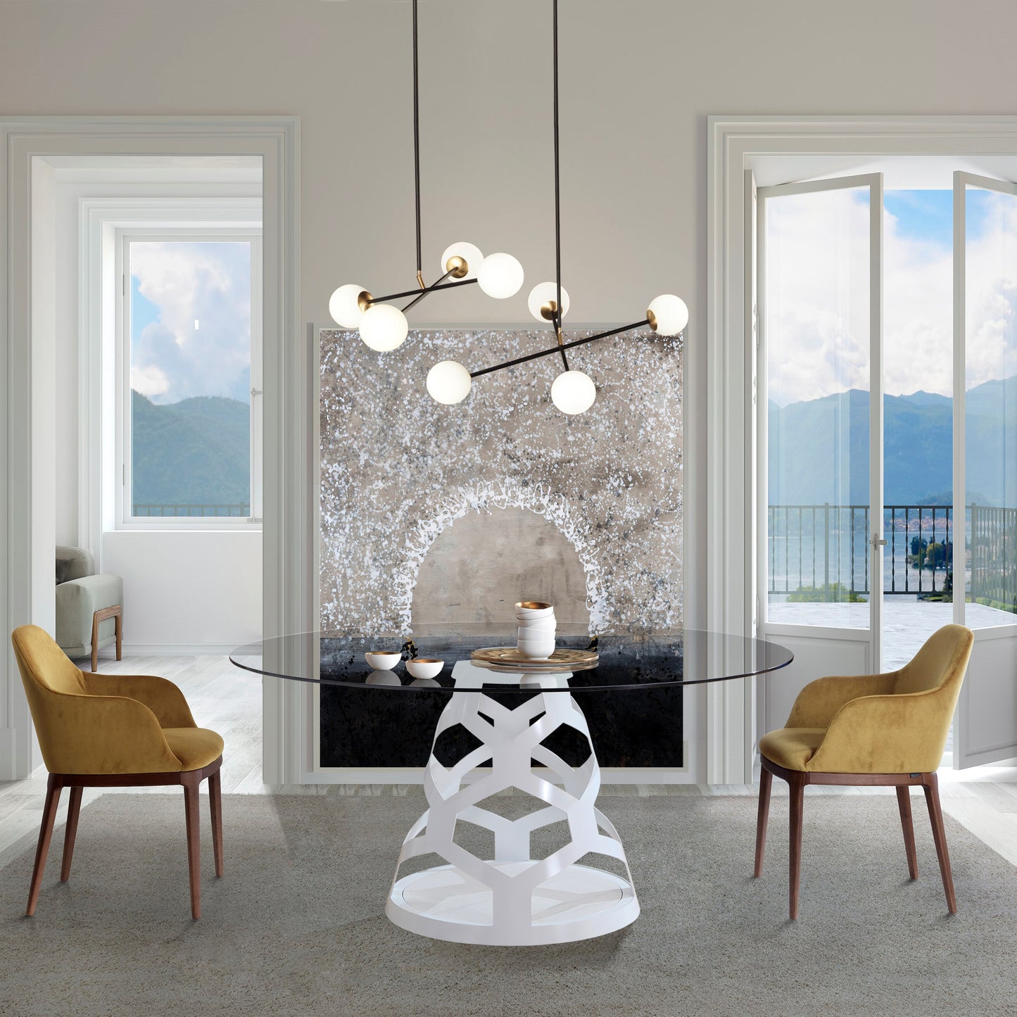 59" Round Glass Dining Table with Sculptural White Steel Base, Modern Pedestal Dining Table for 4–6
