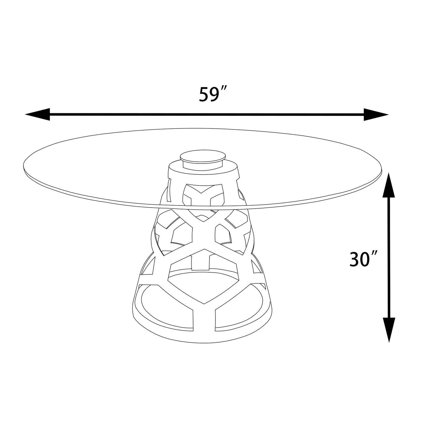 59" Round Glass Dining Table with Sculptural White Steel Base, Modern Pedestal Dining Table for 4–6