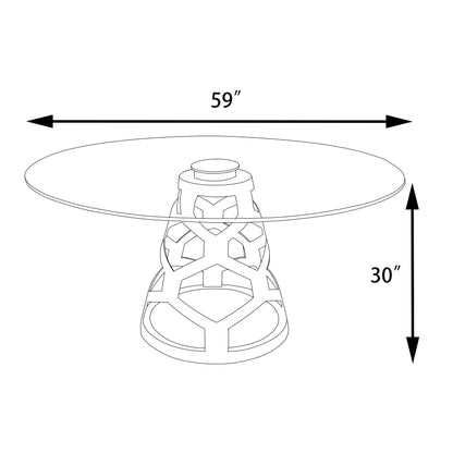 59" Round Glass Dining Table with Sculptural White Steel Base, Modern Pedestal Dining Table for 4–6