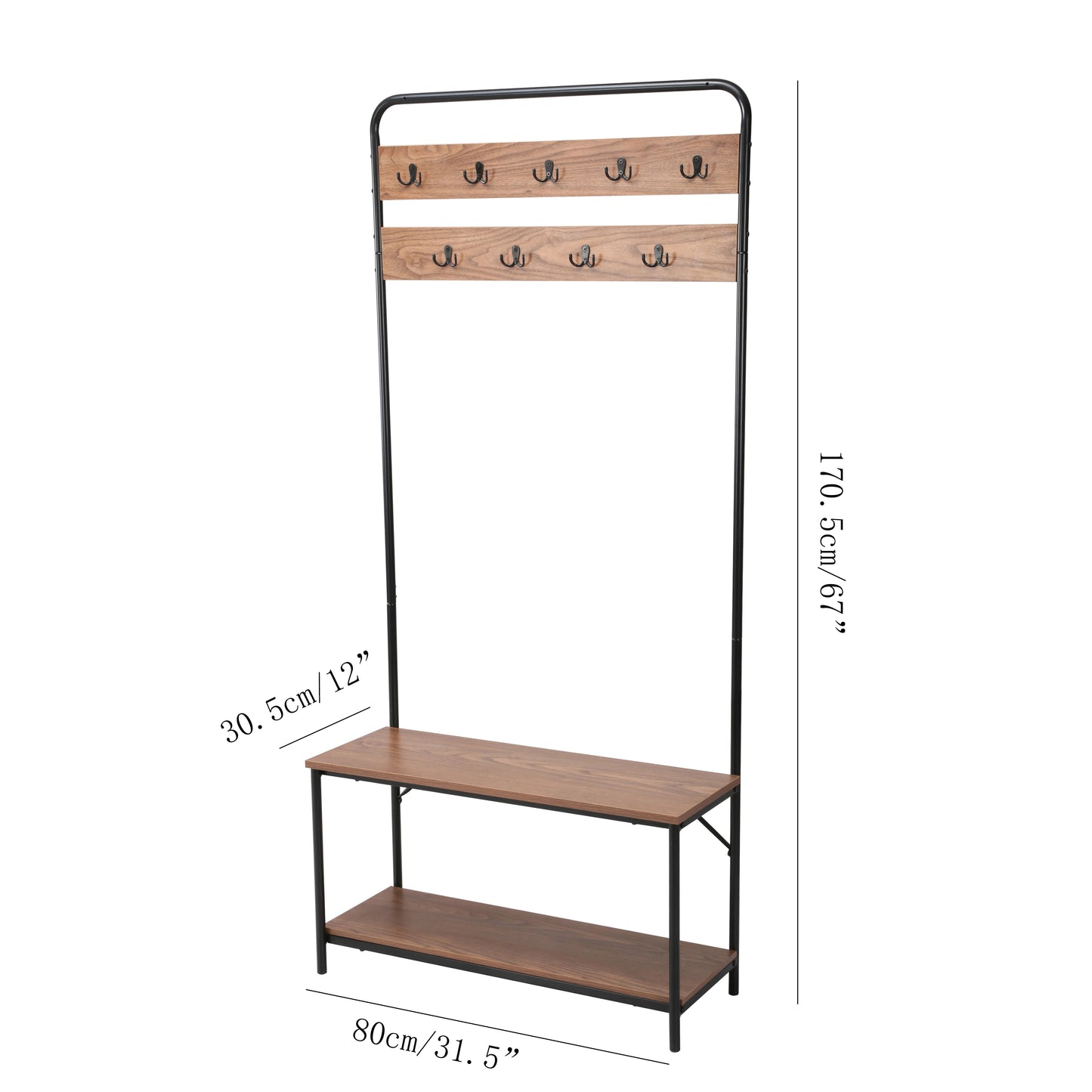 31.5" Entryway Hall Tree with Bench, Coat Rack with Shoe Storage and Double Hooks, Wood Metal Organizer in Walnut Finish