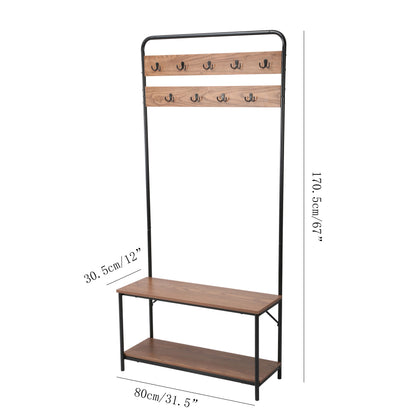 31.5" Entryway Hall Tree with Bench, Coat Rack with Shoe Storage and Double Hooks, Wood Metal Organizer in Walnut Finish