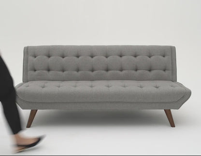 Modern Tufted Convertible Futon Sofa Bed, Upholstered Linen Sleeper Sofa Couch with Wood Legs, Beige
