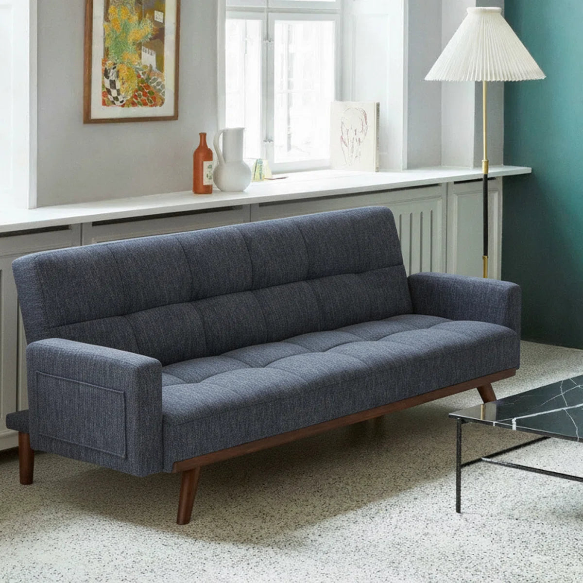 78.7" Convertible Futon Sofa Bed with Arms, Upholstered Sleeper Couch with Wooden Legs, Dark Blue