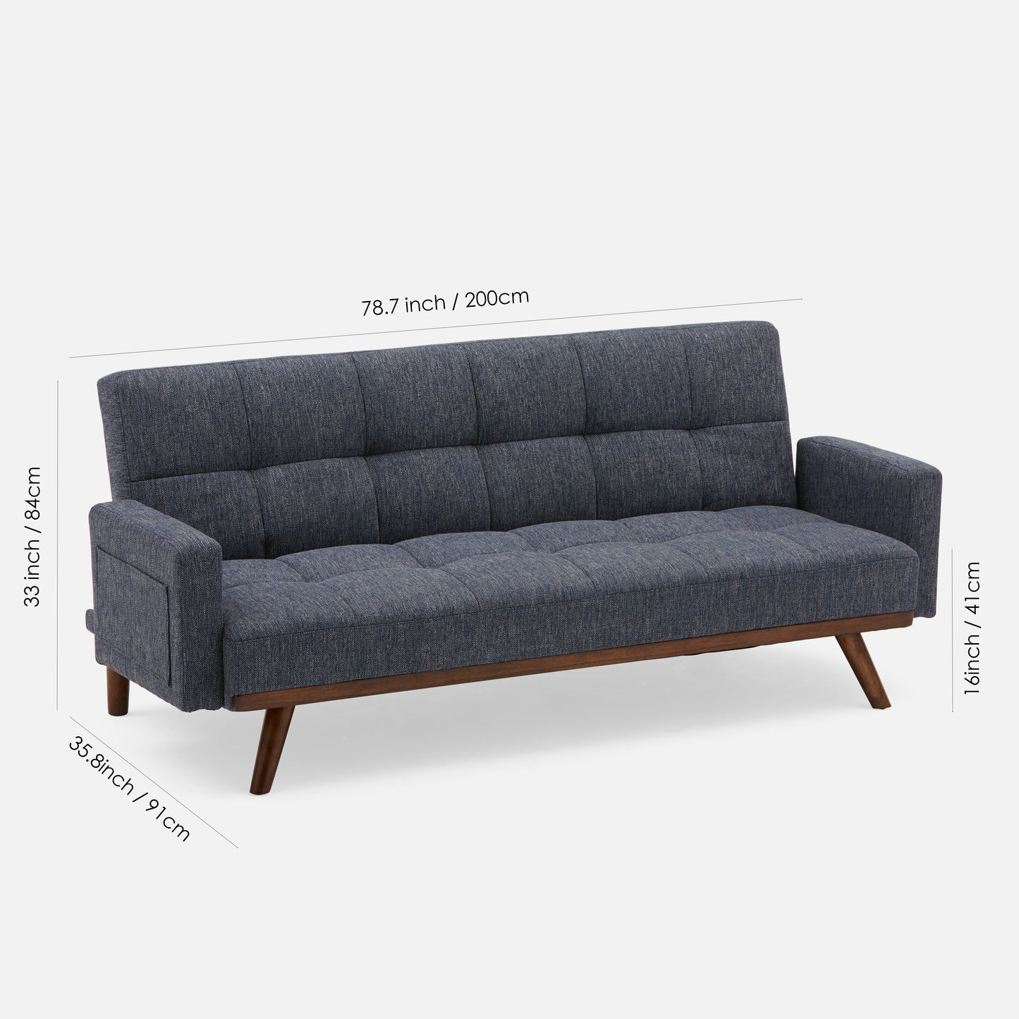 78.7" Convertible Futon Sofa Bed with Arms, Upholstered Sleeper Couch with Wooden Legs, Dark Blue