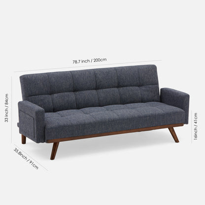 78.7" Convertible Futon Sofa Bed with Arms, Upholstered Sleeper Couch with Wooden Legs, Dark Blue
