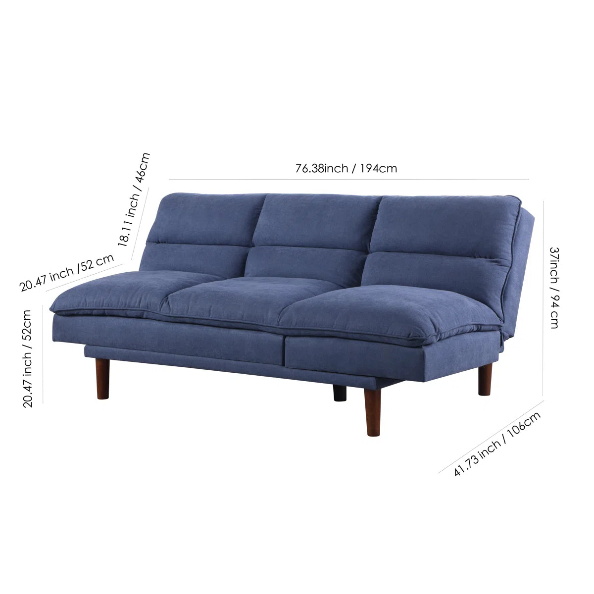 Convertible Futon Sofa Bed 76" Adjustable Back Upholstered Sleeper Couch with Wooden Legs, Blue