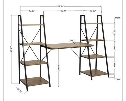 Space-Saving Writing Desk with 2 Bookshelves, Walnut Home Office Desk