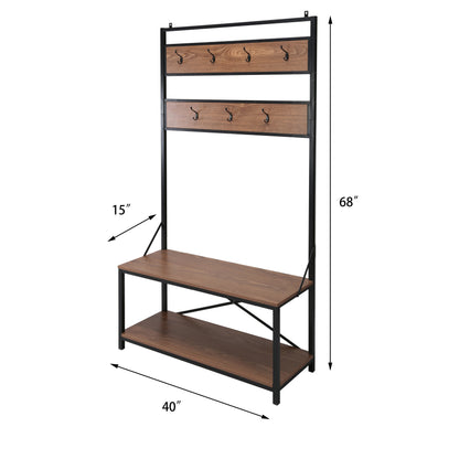 40" Industrial Hall Tree with Bench, Entryway Coat Rack with Shoe Storage Shelf and Hooks, Wood Metal Entryway Organizer