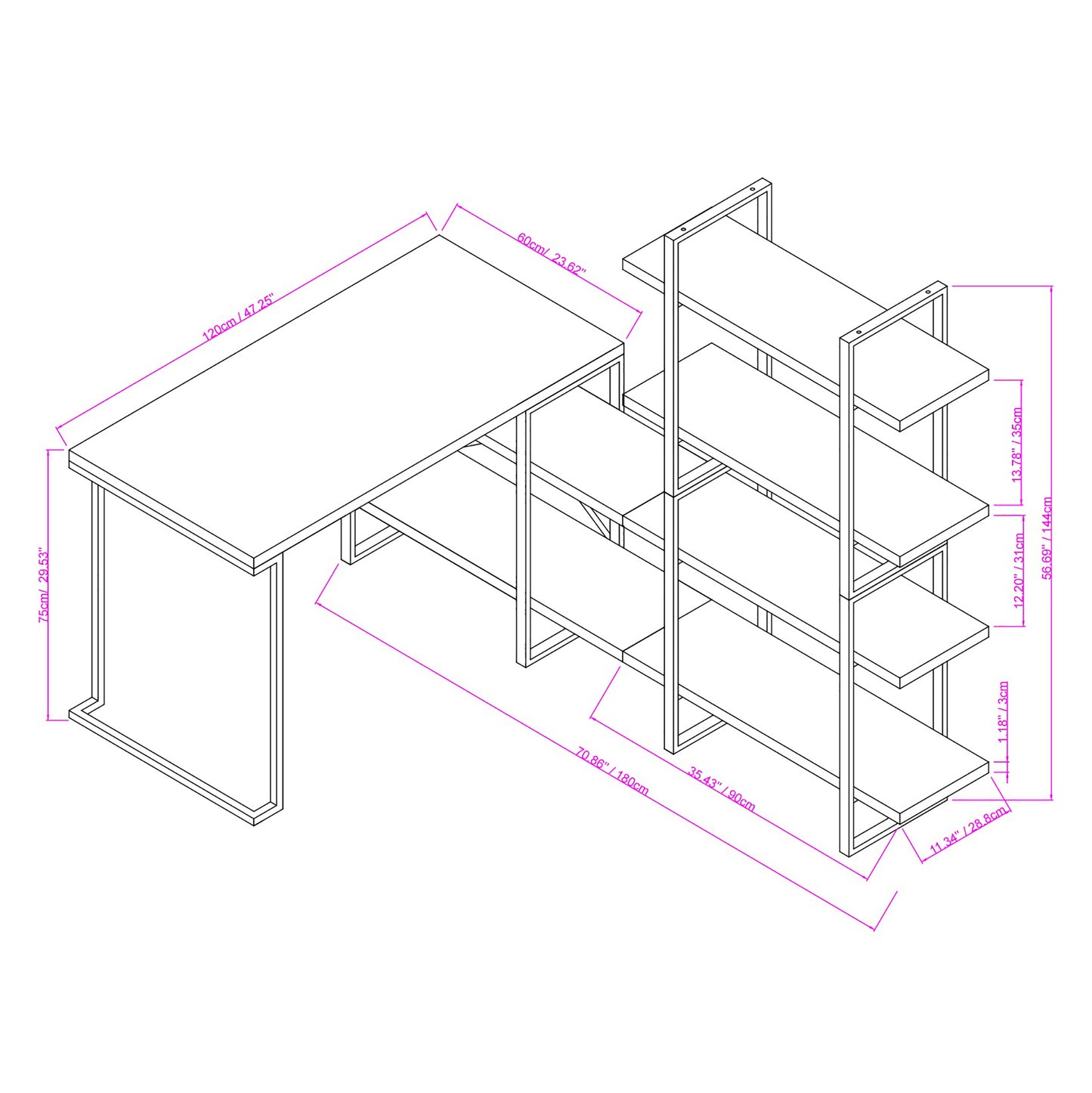 L - Shaped Home Office Desk with 6 Antigue Wood Shelves